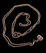 A two row gold coloured fancy belcher link necklace, longest length 90cm, suspending a hardstone