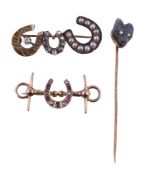 Equine interest, a small collection of antique jewellery, comprising a triple horse shoe brooch,