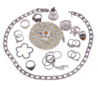 A collection of silver coloured jewellery , to include a silver white and yellow stone set