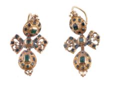 A pair of late 19th century emerald earrings, the pendant drops with pierced detail, set with vari