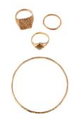 A small collection of gold coloured jewellery, comprising a bangle stamped 916; a 22 carat gold