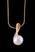 An 18 carat gold cultured pearl pendant, the 1cm cultured pearl in a polished gold setting, on a