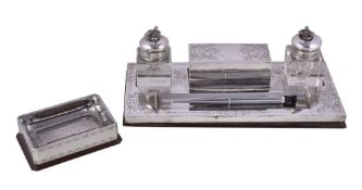 An Italian silver coloured mounted rectangular inkstand, stamped 800 only, circa 1920, the two