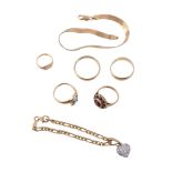 A small collection of gold coloured jewellery , to include an 18 carat gold band ring; a further