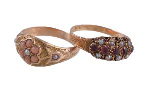 Ω A late Victorian 15 carat gold coral ring, set with a cluster of circular cabochon coral on an