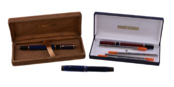 Parker, Duofold, a two tone blue marbled fountain pen, the cap with a gilt clip and double cap