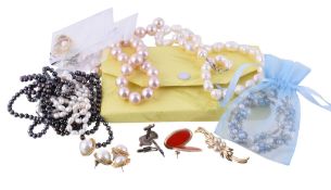 A group of costume jewellery, including: necklaces; earrings; and other items