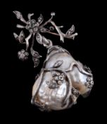 A diamond and emerald baroque cultured pearl brooch pendant, the baroque cultured pearl within an