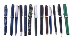 A collection of pens, to include: Parker, 17, a blue lacquer fountain pen, the cap with a gilt