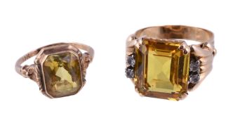 A 1940s synthetic yellow sapphire ring, the rectangular cut synthetic yellow sapphire in a claw