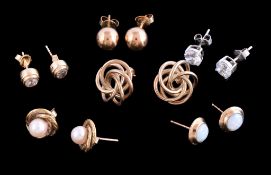 A collection of earstuds, to include a pair of knotted 9 carat gold and cultured pearl set