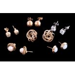 A collection of earstuds, to include a pair of knotted 9 carat gold and cultured pearl set