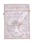 Ω A mid Victorian mother of pearl rectangular card case, engraved with an exterior view of the