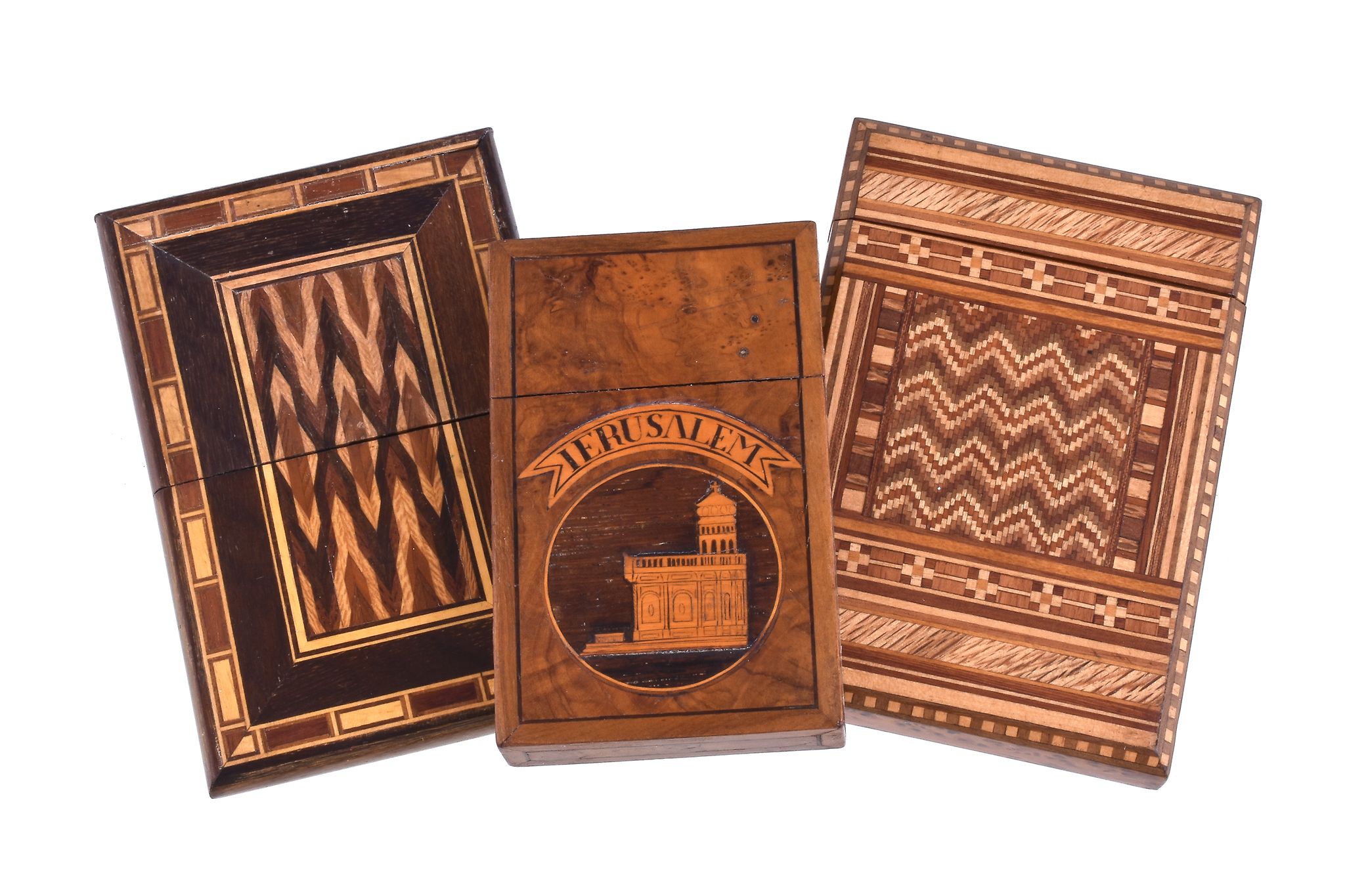 Three marquetry or parquetry rectangular card cases, all late 19th/early 20th century, the first in