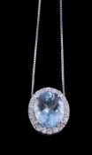 An aquamarine and diamond pendant, the oval cut aquamarine, claw set within a surround of brilliant