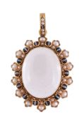 A Victorian rock crystal, half pearl and banded onyx pendant, circa 1880, the oval cabochon rock