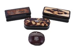 Ω An Australian burra bean vesta case and three snuff boxes, the vesta with plated mounts and