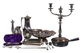 Ω A collection of electro-plated items, to include: a pair of three light candelabra, with