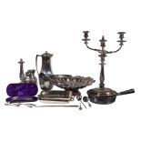 Ω A collection of electro-plated items, to include: a pair of three light candelabra, with