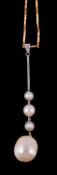 A cultured pearl pendant, the 1.3cm cultured pearl drop suspended below a bar set with half pearls,