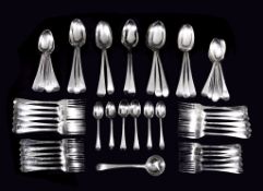 A matched silver old English feather edge table service, various George III to George V makers and