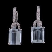 A pair of aquamarine and diamond earrings, the rectangular cut aquamarine below a brilliant cut