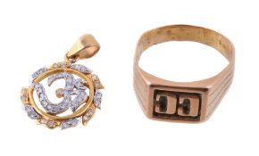 A gold coloured ring, stamped 22k; a white stone Om pendant, stamped 22c, 2.5cm long; 12.1g gross