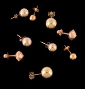 A collection of earrings , comprising a pair of facetted gold coloured ear studs, 9mm wide; a
