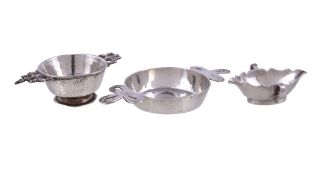 Three silver miniature or toy copy items, comprising: a twin handled bowl, spurious Amsterdam town