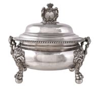 A transitional electro-plated oval soup tureen, cover and finial, unmarked, circa 1850, the finial