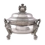 A transitional electro-plated oval soup tureen, cover and finial, unmarked, circa 1850, the finial