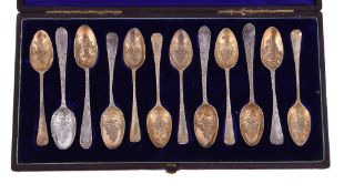 A matched set of George III silver parcel gilt later decorated tea spoons, all bottom-marked with