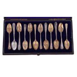 A matched set of George III silver parcel gilt later decorated tea spoons, all bottom-marked with