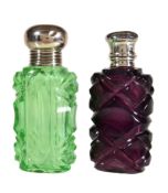 Two late Victorian silver mounted coloured glass scent bottles, one apple green, stamped SILVER ,