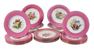 An English porcelain pink-ground part dessert service painted with flowers, circa 1860, comprising: