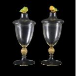 A pair of large modern Venetian clear glass goblets and covers, the round funnel bowls supported on