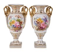 A pair of Derby Empire style two-handled vases, circa 1820, painted with flowers, iron-red script