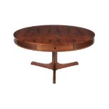 Ω Robert Heritage for Archie Shine, a rosewood drum table, 1960s, the four drawers with inset