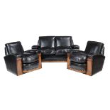 An Art Deco walnut and black leather three piece lounge suite , reupholstered, 1930s, comprising: a