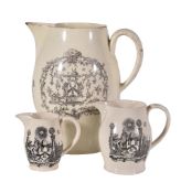 A group of three Liverpool-printed creamware Masonic jugs, circa 1770, the larger, printed with