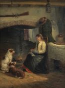 Thomas Smythe (British 1825-1906) - A female and her dogs seated by the hearth Oil on canvas