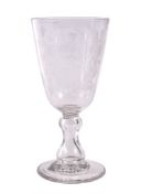 A large engraved commemorative goblet in the Jacobite style , early 20th century, the round funnel