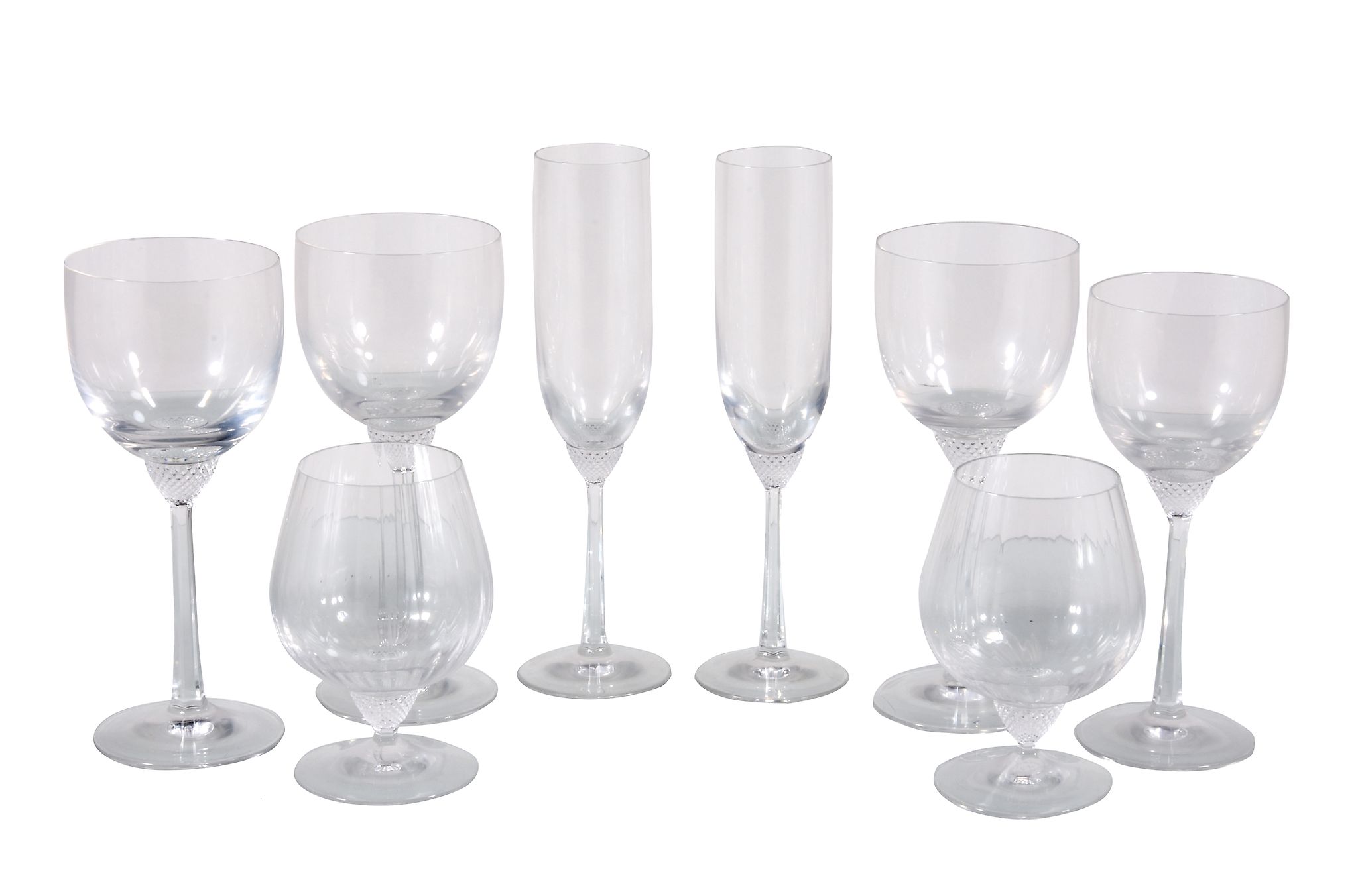 A selection of modern Villeroy & Boch drinking glasses, comprising: four wine goblets; two brandy