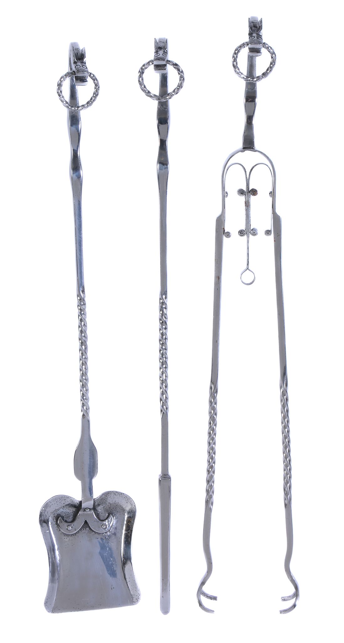 An Arts and Crafts set of three polished steel fire tools, with twist rings to the terminals and - Image 2 of 2