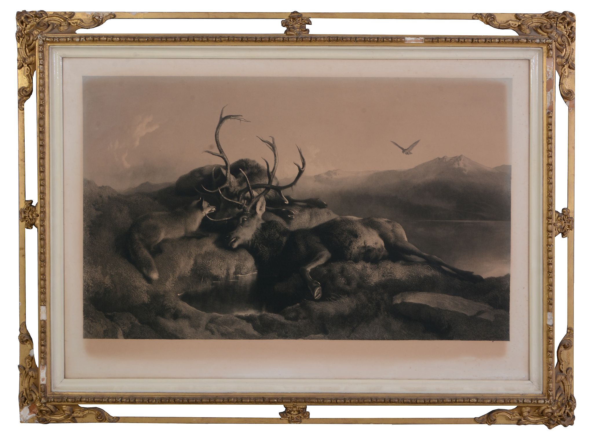 After Sir Henry Edwin Landseer, R.A. - Night, Morning The pair Stags fighting by moonlight beside - Image 8 of 8