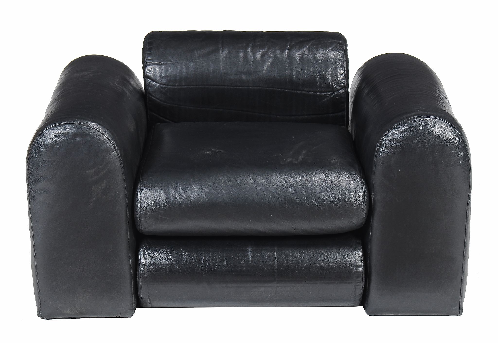 A vintage black leather upholstered lounge armchair, 1960s, attributed to Apple Designs, 64cm high