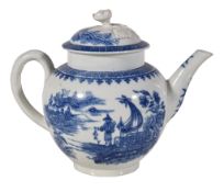 A Worcester blue and white bullet-shaped teapot and cover printed with the 'Fisherman and