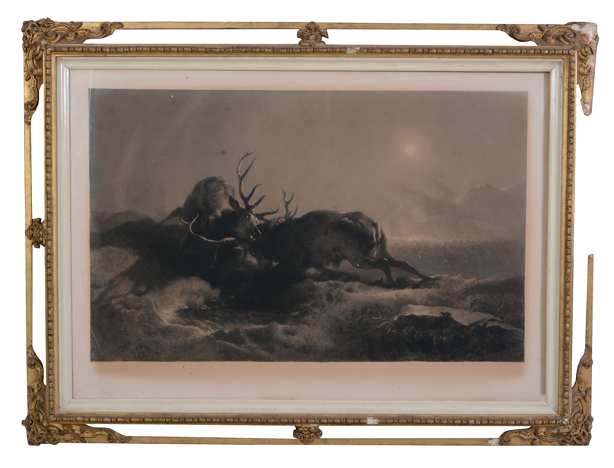 After Sir Henry Edwin Landseer, R.A. - Night, Morning The pair Stags fighting by moonlight beside - Image 6 of 8