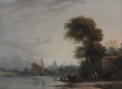 Circle of John Varley the Elder - Barges on the Thames near Chiswick, London Oil on canvas 56 x 77cm