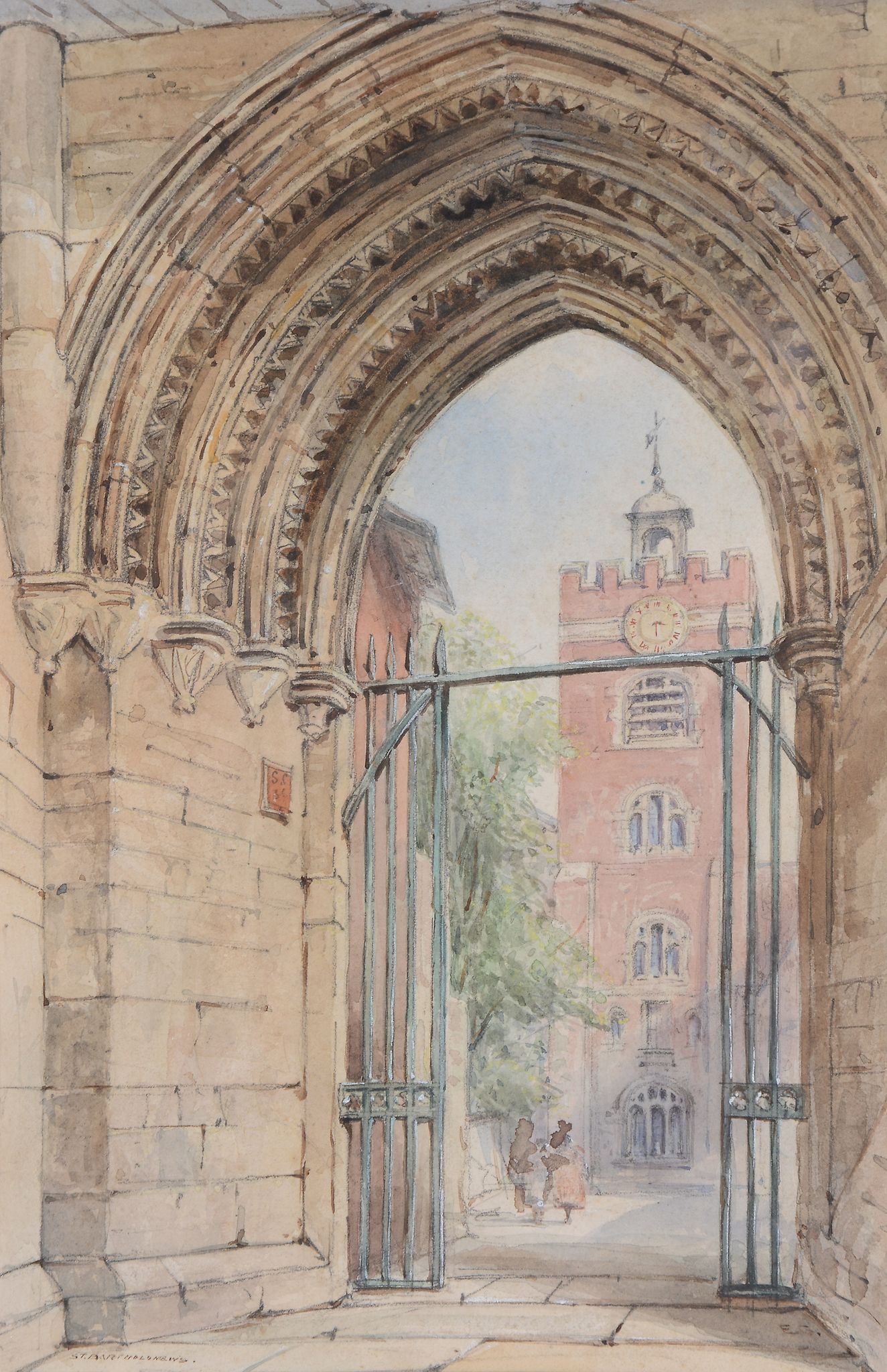 Ernest George (British 1839-1922) - Arch to St Bartholomew, Smithfield Watercolour, pencil and ink
